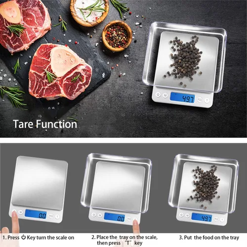 Miniatura 5 de Báscula digital de cocina de Fuzion 105.82 oz/0.1 g, báscula de bolsillo para alimentos, 6 unidades de conversión, báscula de gramos con 2 bandejas