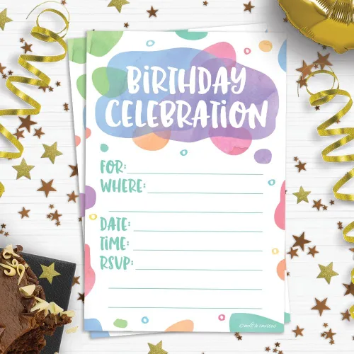 Miniatura 7 de Puntos de acuarela – Invitaciones de fiesta de cumpleaños – Estilo de relleno (20 unidades) con sobres