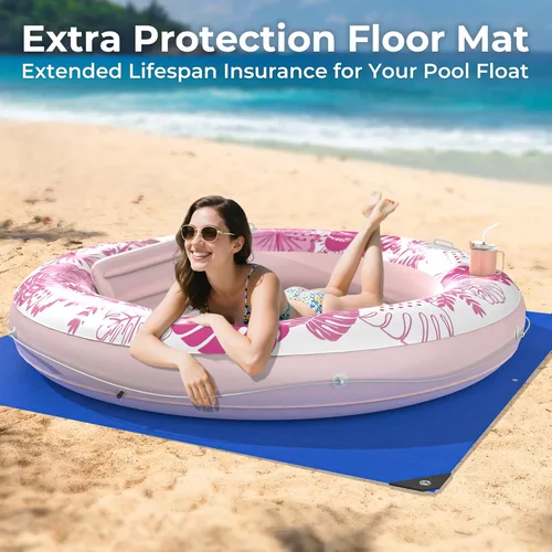 Miniatura 2 de Inflatable Tanning Pool Lounger Float with Protection Tarp, 75" x 75" Pool Floats Adult with Pillow, 6 in 1 Suntan Tub Raft Floatie, Sunbathing Rosa