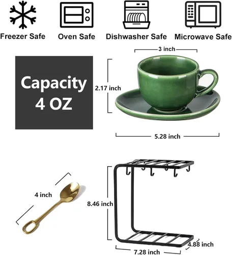 Miniatura 4 de vicrays Tazas de café espresso de cerámica, juego de tazas de café expreso de porcelana de 4 onzas con platillos cucharas y soporte de metal