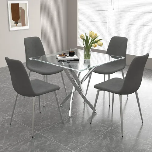 Miniatura 18 de Juego de mesa de comedor de cristal para 4, juego de mesa de cocina redonda dorada de 5 piezas con 4 sillas tapizadas negras, mesa de comedor