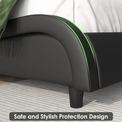 Miniatura 8 de Keyluv Armazón de cama moderno tapizado con plataforma con cabecera LED ajustable y diseño de curva ondulada y soporte de listones de madera sólida