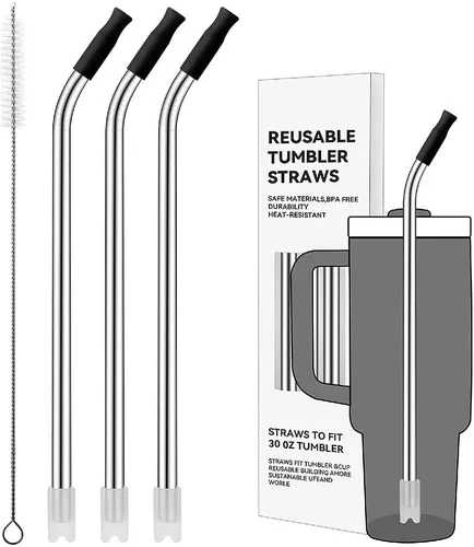 Miniatura 95 de Pajitas de metal rectas para vaso Stanley de 40 onzas, paquete de 3 popotes reutilizables de acero inoxidable con puntas de silicona y cepillo Gris