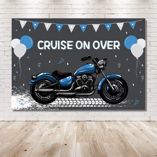 Miniatura 6 de MEHOFOND Telón de fondo de cumpleaños de motocicleta para niños, decoración de globos azules y blancos de carreras geniales para deportes extremos