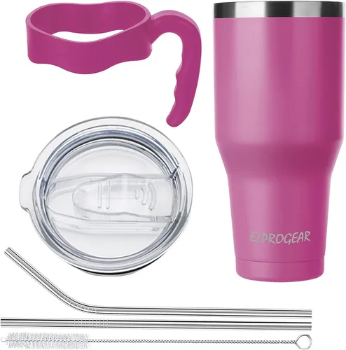 Miniatura 2 de Ezprogear Vaso de campamento de acero inoxidable de 40 onzas con asa, taza de agua magenta roja con tapa (Magenta)