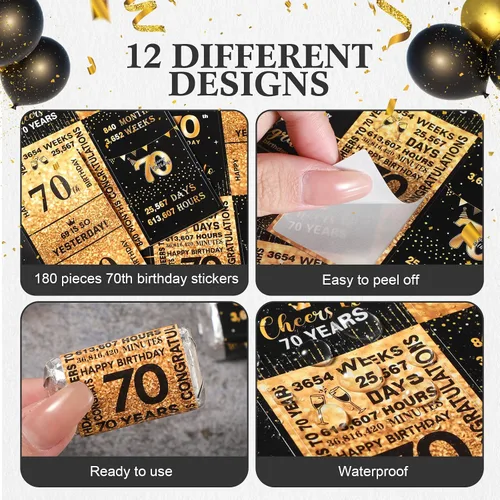 Miniatura 4 de Tenare 180 calcomanías de cumpleaños número 70, color negro y dorado con texto en inglés "Cheers to 70" (Cheers to 70 años), para fiestas