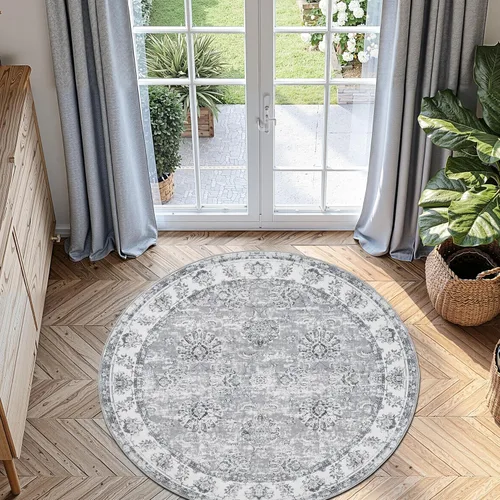 Miniatura 207 de Jinchan Fiora - Alfombra redonda de 8 pies, alfombras vintage con diseño floral envejecido, lavable a máquina, antideslizante, de pelo bajo, Azul