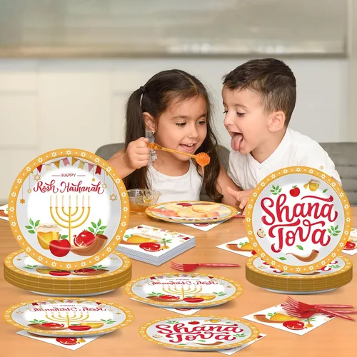 Miniatura 6 de gisgfim 96 piezas de platos y servilletas Rosh Hashanah, suministros para fiestas Shana Tova, juego de vajilla para los días santos, decoraciones