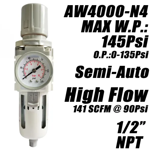Miniatura 2 de Regulador de presión de filtro de aire NPT de 1/2 "Separador de agua combinado para línea de compresor de aire, drenaje semiautomático, elemento