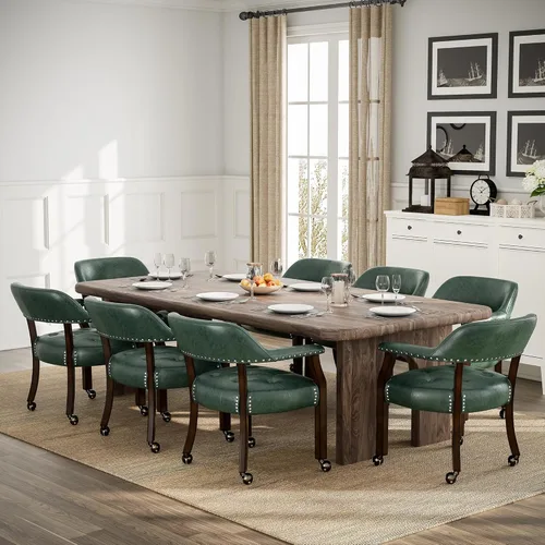 Miniatura 8 de Juego de 8 sillas de cuero de comedor con ruedas y brazos, silla de capitán Accent con ruedas, sillas de madera con ruedas enrollables para cocina