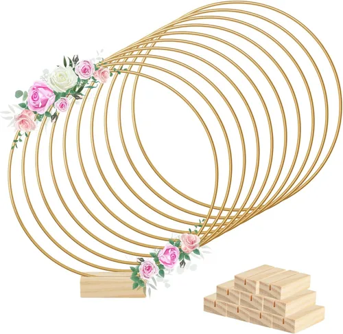 Miniatura 12 de BOUBONI 5 piezas de centro de mesa de aro floral de metal de 8 pulgadas con 5 soportes de madera para mesa de corona de metal soporte para centro