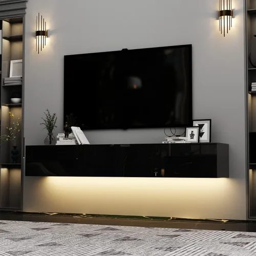 Homsee Soporte de TV LED flotante para televisores de hasta 70 pulgadas, consola multimedia de madera montada en la pared con superficie brillante y