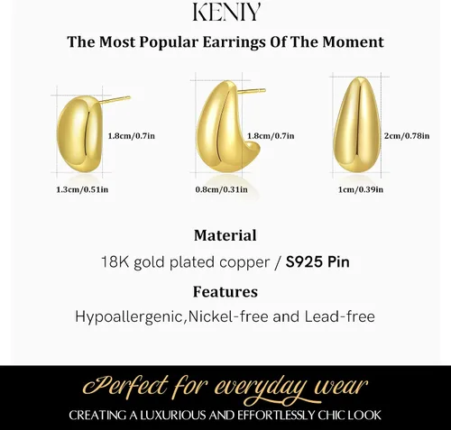 Miniatura 2 de Aretes de lágrima de oro para mujer, aretes de aro gruesos de oro para mujer, a la moda, hipoalergénicos, ligeros, grandes, huecos, abiertos