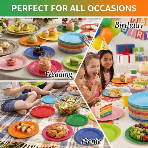 Miniatura 3 de Nicunom 200 platos de papel para fiestas, platos de postre desechables de 7 pulgadas, platos redondos de colores surtidos, a granel para fiestas