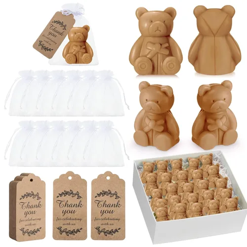 48 piezas de jabones de oso para baby shower con 48 bolsas de organza, 48 etiquetas de regalo de agradecimiento, jabón en forma de oso, hecho a