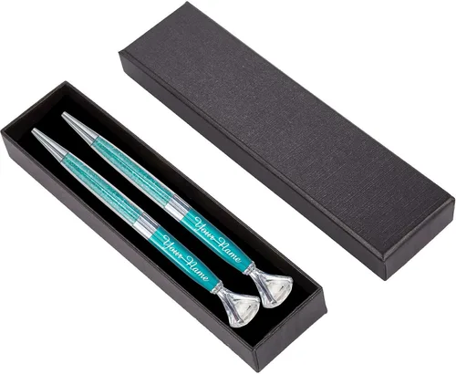 Miniatura 8 de ExpressDesigns™ - Juego de 2 bolígrafos de diamantes personalizados con caja de regalo, grabado metálico personalizado con nombre o mensaje