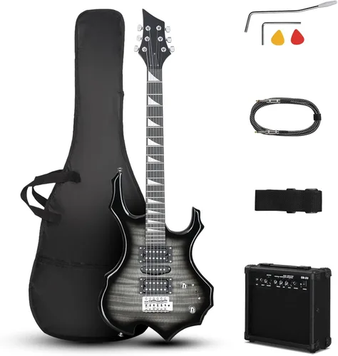 Miniatura 9 de Kit de guitarra eléctrica Ktaxon con diseño Burning Fire, guitarra eléctrica de 39 pulgadas HSH para principiantes con amplificador, diapasón
