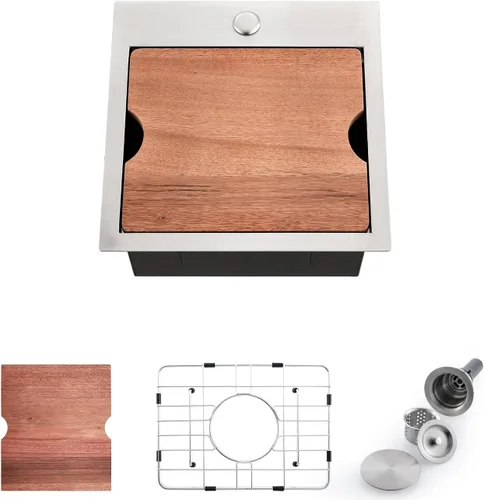 Miniatura 12 de Fregadero de cocina desplegable de 15 x 15 pulgadas, fregadero de cocina de acero inoxidable calibre 16, fregadero compacto de montaje superior