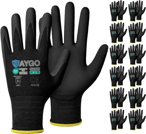 Miniatura 22 de KAYGO Guantes de Trabajo de Seguridad con Revestimiento de Nitrilo MicroFoam, 3 Pares KG18NB, Guante de Punto Sin Costuras de Nylon con Dedos Gris