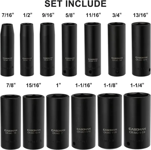Miniatura 4 de CASOMAN Juego de llaves de vaso de impacto profundo de 1/2 pulgada, juego de 13 piezas, 7/16"-1-1/4", CR-MO, SAE, estuche de almacenamiento
