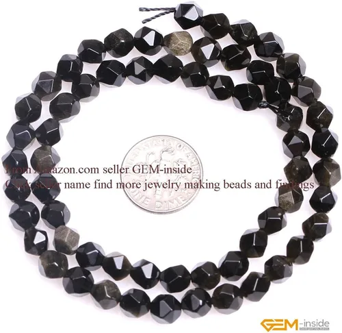Miniatura 3 de GEM-Inside - Cuentas de obsidiana dorada natural de 0.236 in, semipreciosas redondas facetadas para hacer joyas de 15 pulgadas