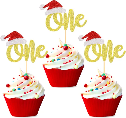 Miniatura 17 de Ercadio Paquete de 25 adornos para cupcakes de Papá Noel y elfo - Sombreros de Papá Noel con purpurina, sombreros de elfo, palillos para cupcakes
