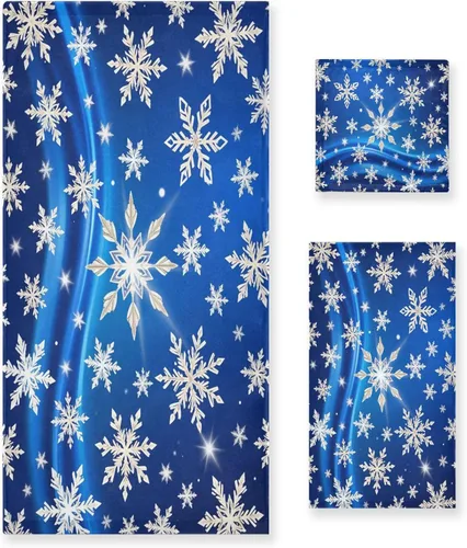 Juego de 3 toallas de baño de copos de nieve azules y blancos de invierno, juego de 3 toallas de mano de Navidad, toallas de mano de baño, toalla de