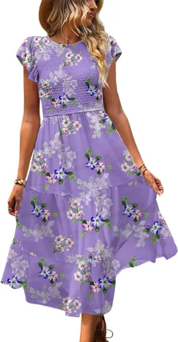 YESNO Vestidos de verano para mujer, con volantes, manga casquillo, vestido casual bohemio con corpiño fruncido con bolsillos, E05
