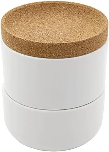 Kamenstein Bodega apilable de corcho y cerámica de 3 piezas para sal y pimienta para ahorrar espacio en la encimera; tapa giratoria para mantener la