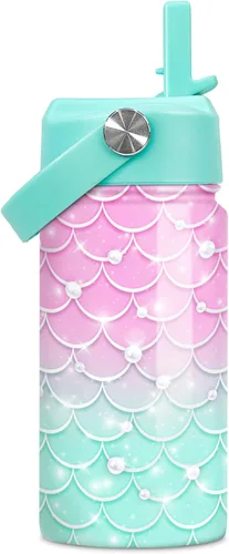 Miniatura 15 de SANDJEST Botella de Agua para Niños con Tapa de Pajita - 12 Oz Botella de Acero Inoxidable Aislada con Dibujo de Animales para Niños y Niñas - Taza