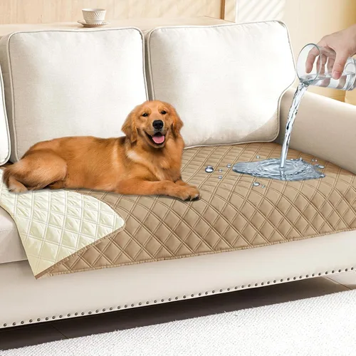 Miniatura 150 de Smiry Funda impermeable para cama de mascota, suave y lavable, para muebles, cama, sofá, reversible, a cuadros (30 x 53 pulgadas, color beige/beige)
