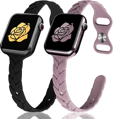 Miniatura 22 de JR.DM - Paquete de 2 bandas de silicona grabadas compatibles con Apple Watch de 38/40/41/42/44/45/46/49 mm, correa delgada y femenina de hoja