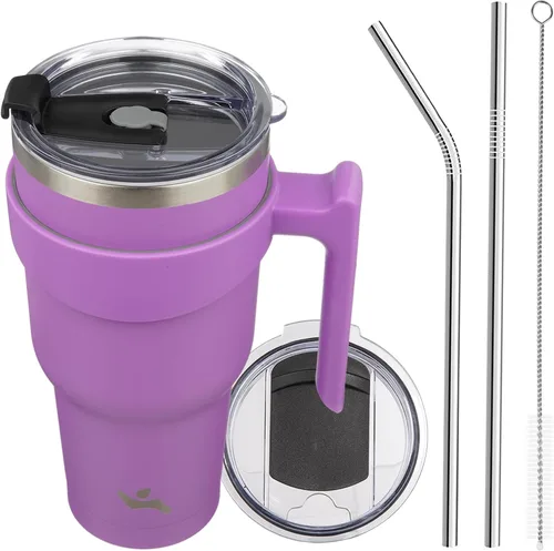 Miniatura 79 de Konokyo - Vaso de 10 onzas con asa y 2 popotes, 2 tapas, botella de agua aislada de acero inoxidable, taza de viaje reutilizable, color verde militar