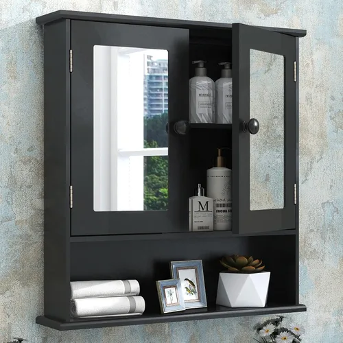 TaoHFE Gabinete de medicina negro, 2 puertas con 3 estantes abiertos, gabinete de almacenamiento de madera montado en la pared sobre el inodoro