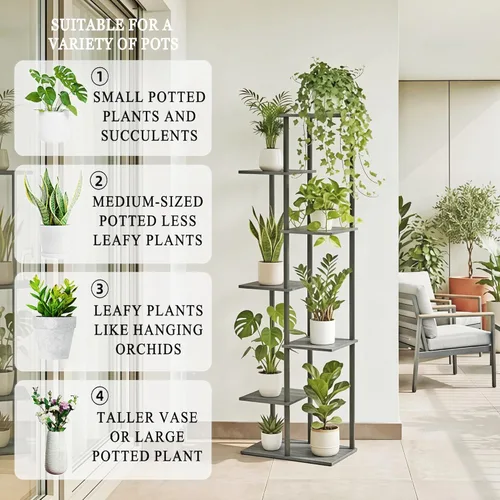 Miniatura 5 de Soporte para Plantas de Interior de 7 Niveles 8 Macetas Estante de Metal y Madera para Plantas, Múltiples Macetas de Flores Soportes Altos