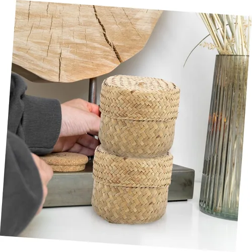 Miniatura 6 de Caja tejida hecha a mano de la cesta de la flor de la paja mini maneja redonda de la cesta