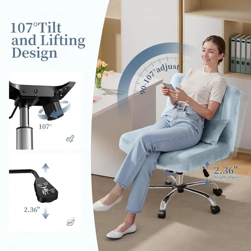 Miniatura 5 de Silla de oficina cruzada con ruedas, silla de escritorio de terciopelo con patas cruzadas para dormitorio, silla de computadora sin brazos, moderna