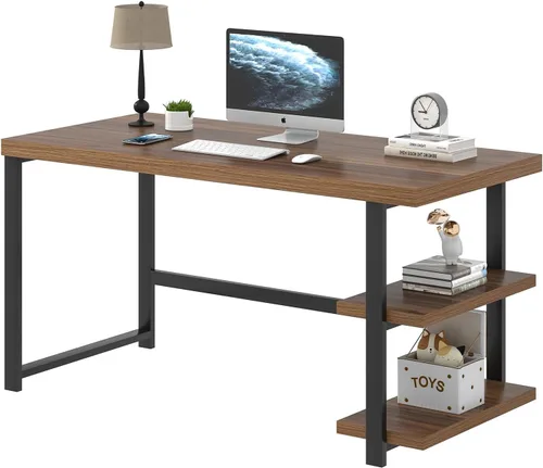Miniatura 8 de FOLUBAN Escritorio para computadora de 47 pulgadas, escritorio pequeño para el hogar y oficina con estantes de almacenamiento, mesa de estudio, Nogal