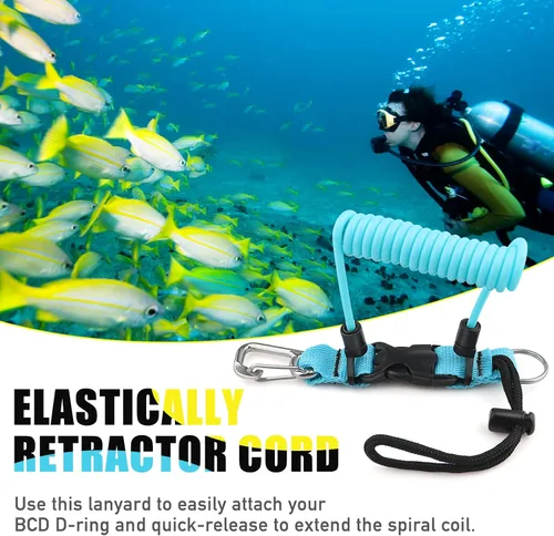 Miniatura 3 de Buceo bobina Landyard, cordón de acero inoxidable para cámara en espiral con hebilla de metal de liberación rápida Azul claro