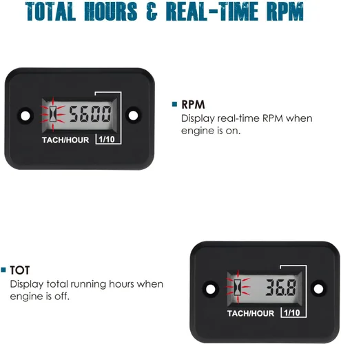 Miniatura 2 de Runleader Mini Tacómetro Digital Cuenta Horas, Acumula Horas TOTAL, Pantalla de RPM en Tiempo Real, Operación a Batería para Cortacésped ZTR
