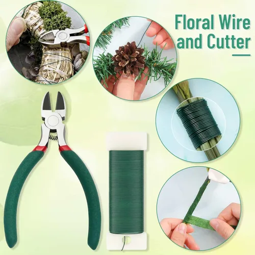 Miniatura 3 de PAXCOO Cinta floral y alambre, kit de arreglo de cinta florista y alambre floral con cinta blanca, pasador de botonero, cortador para ramos, Verde