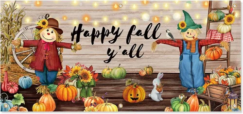 Hosuly Pancarta decorativa de otoño para puerta de garaje de 13 x 6 pies, extra grande, telón de fondo de espantapájaros de calabaza y otoño con