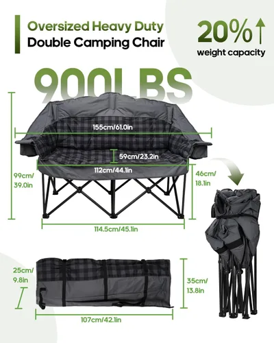 Miniatura 3 de Silla de campamento doble acolchada, sofá de campamento de gran tamaño para 2 personas con bolsa de transporte 2 en 1, silla de césped plegable Gris