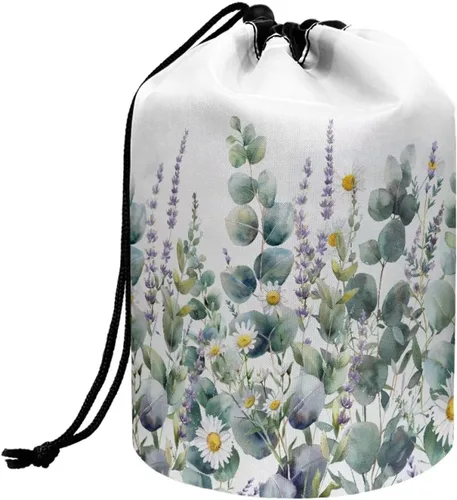 Miniatura 29 de Poceacles Bolsa de maquillaje con cordón, estuche portátil para cosméticos, bolsa de aseo de viaje, organizador de barril, bolsa de almacenamiento