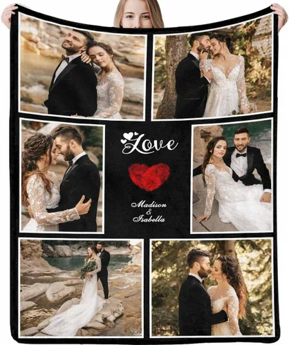Miniatura 5 de Manta de fotos personalizada, manta de pareja de boda, con texto en inglés «He Asked And She Said Yes», 4 fotos, manta de boda, regalo romántico