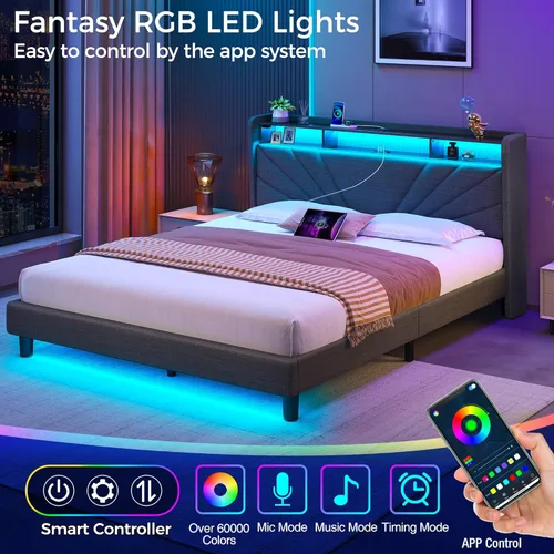 Miniatura 3 de Rolanstar Marco de cama tamaño completo, cabecera con almacenamiento con estación de carga y luces LED, cama tapizada con listones de madera Gris