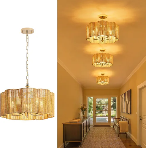 Miniatura 8 de ✿ Lámpara de Techo de Ratán Tejido a Mano de 13.8" con 3 Luces Montaje Empotrado Boho Negro para Dormitorio Pequeño y Guardería, Luz de Techo