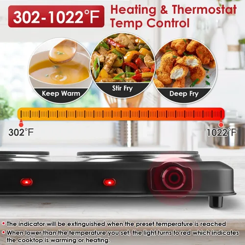 Miniatura 3 de TeqHome Quemador doble infrarrojo para encimera, placa eléctrica de 1800 W con placa de cocina de vidrio de cerámica de 7.5 pulgadas, temperatura