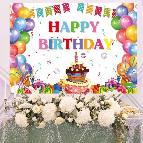 Miniatura 6 de Cartel de feliz cumpleaños, telón de fondo de globos coloridos para fiestas de niños, pasteles de colores grandes, fotografía, telón de fondo