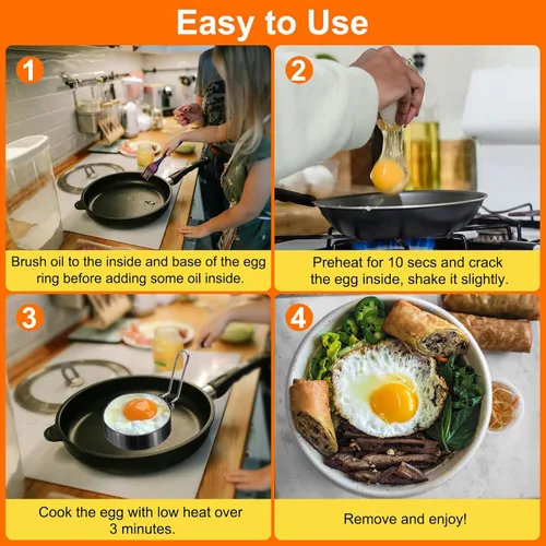 Miniatura 5 de HARFINGTON 4 anillos de huevo de 3.5 pulgadas de acero inoxidable antiadherente para panqueques con mango de silicona para freír huevos sándwich
